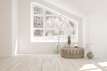 Mock up of empty room in white color with winter landscape in window. Scandinavian interior design. 3D illustration