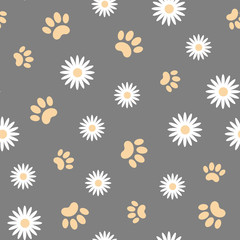 White daisies and animal paws prints seamless pattern background texture wallpapers.