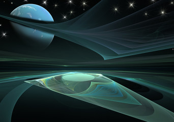 Futuristic alien landscape. View of alien planets from the surface.