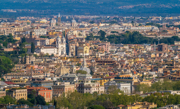 Panoramic view from the Zodiaco Terrace in Rome with Trinit&agrave; dei Monti. Rome, Italy.