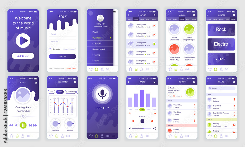 Aufkleber Set of UI, UX, GUI screens Music app flat design template for mobile apps, responsive website wireframes. Web design UI kit. Music Dashboard.