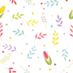 Seamless floral pattern with tulips, lilies of the valley, hearts and leaves. Cute color vector.