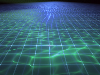 Futuristic lattice water surface in perspective. Reflection of light on the water. Modern 3d illustration.