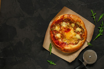 pizza, chicken, tomato sauce, cheese, (pizza ingredients). hot pizza. Top view. copy space