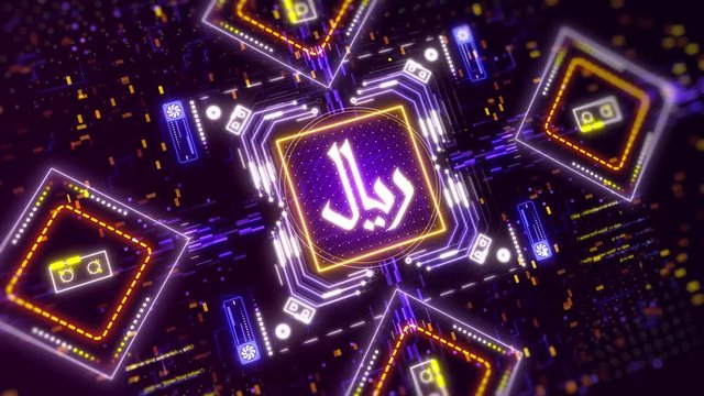 Saudi riyal money sign. Finance symbol futuristic animation with glow neon colors