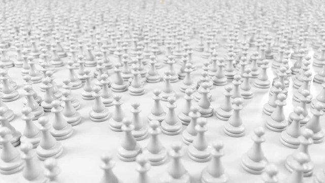 camera moves over a crowd of white pawns and focuses on the Golden pawn