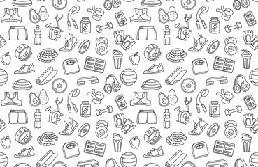 Sport, fitness, functional training background seamless doodle icons style pattern.