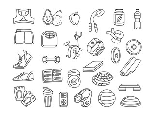 Sport, fitness, functional training thin line doodle icons