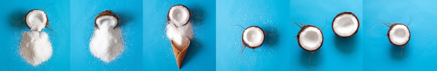 Broken Coconut isolated on a blue background. Border design. Fresh raw organic half of coco nut. Healthy Food, skin care concept. Vegan food