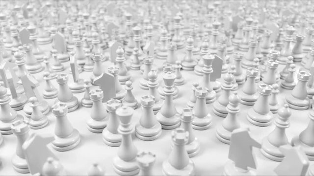 camera moves over the crowd of different white chess pieces and focuses on the black king