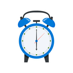Blue alarm clock illustration in flat style. Wake up symbol. Vector clock icon
