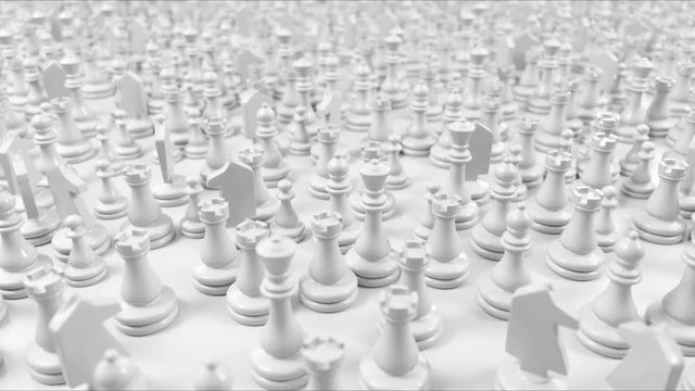 camera moves over the crowd of different white chess pieces and focuses on the Golden king