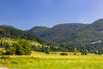 Fototapeta premium Summer sunny scene of mountains in Triglav National Park in Slovenia