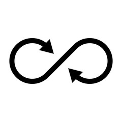 Infinity symbol icon with both side arrows. Concept of infinite, limitless and endless. Simple flat black vector design element