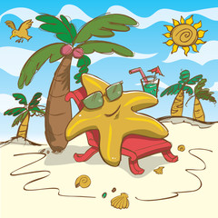 Vector cartoon starfish illustration relaxing on the beach.