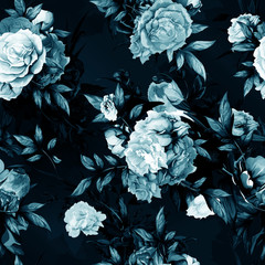 Seamless background floral pattern. Rose with leaves and bullfinch on dark blue. Hand drawn, vector - stock. 