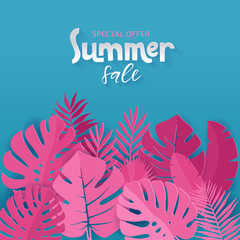 Square banner of Special offer Summer sale with pink palm, monstera, banana leaves on blue background with hand lettering. Paper cut concept for ad and social network. Vector card illustration.