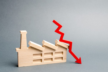 Factory figurine and red down arrow. The concept of a fall in the level of production and the level...