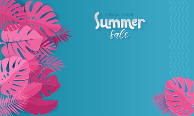 Horizontal summer sale banner with paper cut pink tropical leaves on blue background. Exotic floral design for banner, invitation, web, greeting card with place for text. Papercut vector illustration