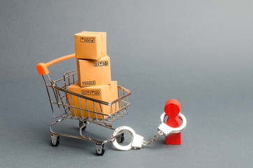 A person is handcuffed to a bunch of boxes a on a supermarket cart. The concept of dependence on...
