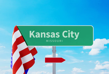 Kansas City - Missouri Road or Town Sign. Flag of the united states. Blue Sky. Red arrow shows the direction in the city