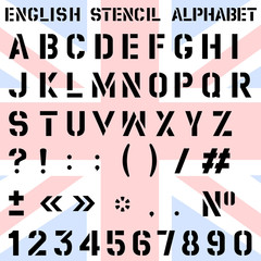 Vector. Stencilled font of the English alphabet, numbers and punctuation marks.
