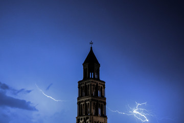St Domnius Bell Tower in Split, Croatia During a Storm