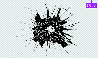 Broken glass, cracks, bullet marks on glass. Illustration set. You can easy change colors or sizes. High resolution