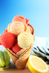 Tropical fruits background, many colorful ripe fresh tropical fruits