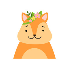 Funny fox wearing a wreath of flowers, cute cartoon animal character avatar vector Illustration on a white background