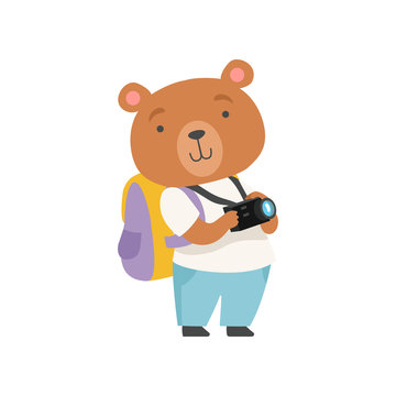 Cheerful tourist bear taking pictures with camera, cute animal cartoon character travelling on summer vacation vector Illustration on a white background