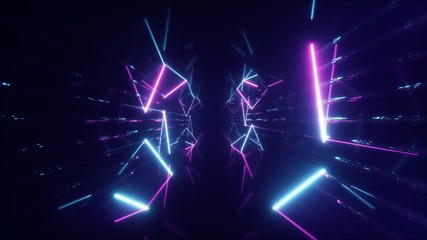 Abstract colorful flying in futuristic corridor with hexagons, seamless loop 4k background, fluorescent ultraviolet light, laser neon lines, geometric endless tunnel, blue pink spectrum, 3d render - Powered by Adobe