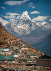 Fototapeta premium Scenic view of Ama Dablam - one of the most beautiful peaks in the world. Khumjung village, Nepal