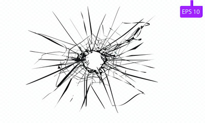 Broken glass, cracks, bullet marks on glass. Illustration set. You can easy change colors or sizes. High resolution