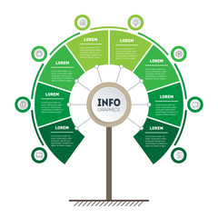 Vertical Green Timeline infographics. Tree of development and growth of the eco business. Time line of tendencies and trends graph. Business concept with 8 options, parts, steps or processes.