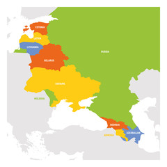 Obraz premium Region Europy Wschodniej. Mapa krajów Europy Wschodniej. Post kraje radzieckie i kaukaskie. Ilustracji wektorowych