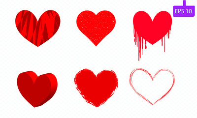 Red heart set drawn icons isolated on transparent background for web site, sticker, love logo, label. High resolution