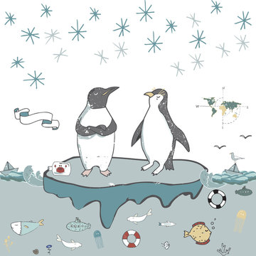 Penguins ice floe vector celebration greeting birthday card winter mood friendly school xmas day letter holidays landscape snow flake, cute animal face smile on white background