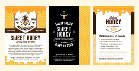 Fototapeta Honey ads design with honeycombs, dripping honey and bees obraz