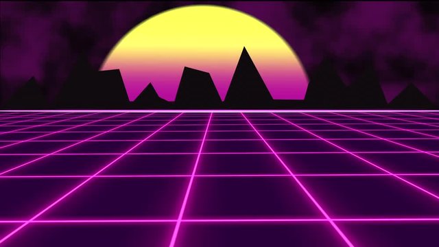Beautiful retro 80s synthwave with sun grid background. Seamless loop. Loop futuristic background.