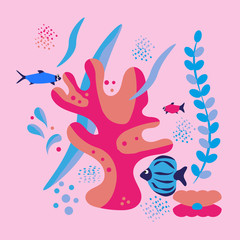 Underwater world, important fish, corals, shells, algae, pebbles and bubbles. Flat style, hand drawn, scandinavian style, fashionable color palette. For textile, wrapping, background design.