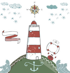 Red beacon vector ribbon anchor kompas snowflake snow cloud landscape waves crab lighthouse pharos, screed, seamarkvector celebration greeting text data sailor lifebuoy card postcard white background © Anna Terleeva