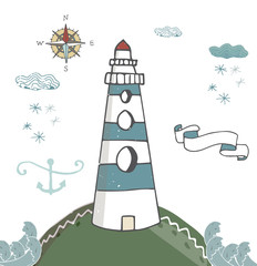 Lighthouse blue ribbon anchor kompas lighthouse white beacon, windows pharos, screed, seamark snowflake snow cloud landscape waves vector greeting data text celebration letter card on white background © Anna Terleeva