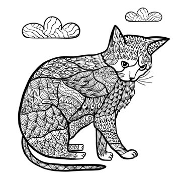 Coloring page with a cat in zentangle style. Trendy zenart animal background. Vector illustration