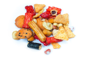 Popular Traditional Japanese snacks -  nori maki, Japanese, rice cracker, glaze peanuts and crackers. Isolated on white. Close up.