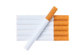 Tobacco smoking. Cigarette close up, isolated on white background.  Bad habit. Nicotine. Drug addiction. Cancer.