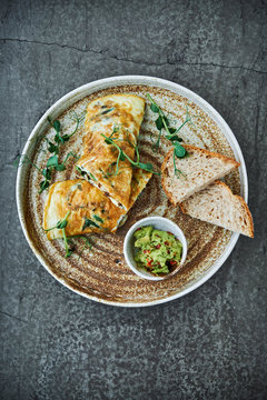 Overhead view of a gourmet omelette dish