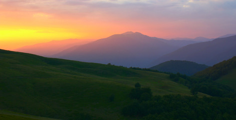 panoramic summer landscape, gorgeous morning view on mountains at dawn sunlight, amazing colorful  nature image, Europe travel, Carpathians, discover yoursel wonderful place
