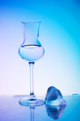 Beautiful elegant and classical glass of grappa in the blue backlight with ice