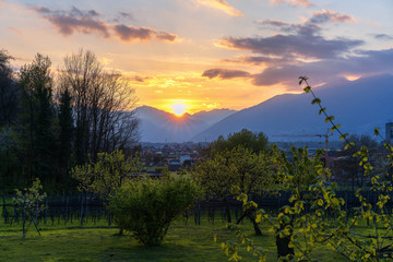 Evening landscape during spring in Cadenazzo, Switzerland